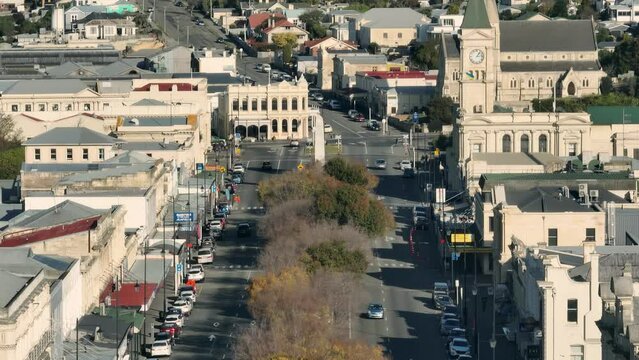 Aerial: Buildings in Downtown Oamaru, Otago, New Zealand.