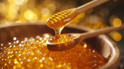 Amber hues of honey cascade from a wooden dipper, glistening in the sunlight