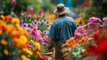 A gardener tends to vibrant blooms, cultivating a tapestry of colors and scents