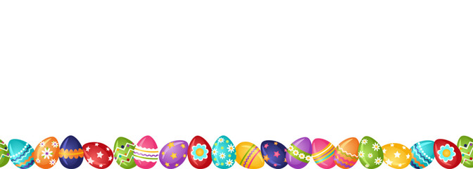 Border of multi colored bright Easter eggs in a row. Horizontal seamless decorative divider with painted eggs. Easter decor template. Vector illustration.