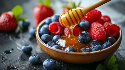 Honey drizzled over ripe fruits entices with its natural sweetness and nutritional benefits - obrazy, fototapety, plakaty