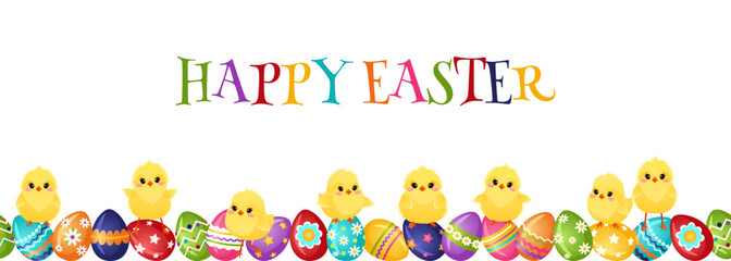 Easter greeting background with painted eggs and funny chickens. Seamless Easter children's decor. Vector illustration. © Mallva