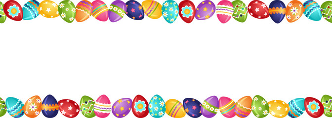 Frame made of colorful bright Easter eggs. Horizontal seamless Easter decor with painted eggs. Vector illustration.