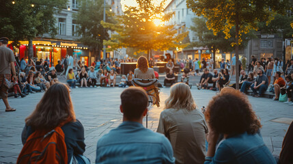 A vibrant crowd captivated by a captivating street performance in a bustling city square. As the...