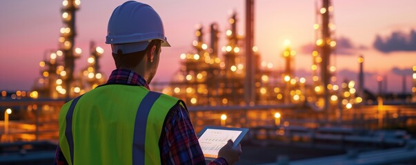 Male engineer working in the afternoon wearing work gear with tablet inside oil and gas refinery industrial plant in the afternoon for inspector safety quality control.