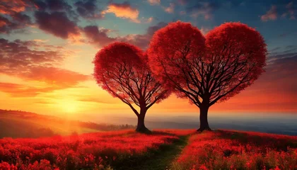 Behangcirkel Two trees in the shape of red hearts on a beautiful field at sunset. © Omega