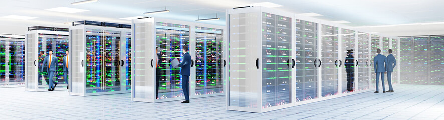 Modern server room, corridor in data centre with Supercomputers racks, neon lights and conditioners. Business people checking the working process. 3D rendering illustration - obrazy, fototapety, plakaty