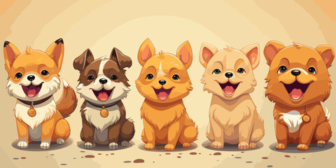 Fototapeta premium Kawaii Shiba Inu dogs in various poses. vector flat bright colors