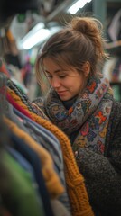 Woman Shopping for Clothes in a Market
