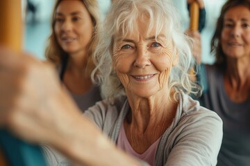 An aging woman radiates joy through her wrinkles as she beams at the camera, exuding warmth and contentment in her colorful clothing