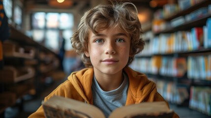 Young Boy Reading in a Cozy Library