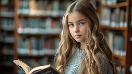 Girl Reading a Book in the Library