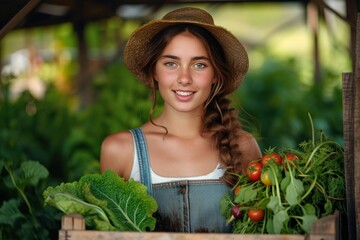 A stylish lady smiles brightly as she tends to her garden, donning a fashionable hat and carrying a basket of fresh vegetables
