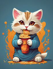 cute cartoon cat eating noodle, generative ai