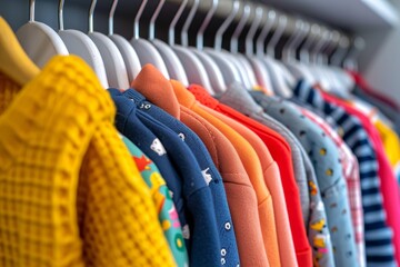 A colorful collection of clothing hangs from the closet rack, ready for a night of swinging and exploring indoor desires - obrazy, fototapety, plakaty