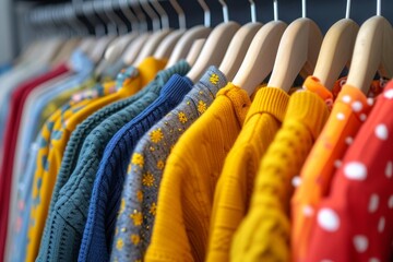 A colorful congregation of knitted garments swings and sways on hangers in an indoor closet, awaiting their turn on the dry cleaning rack