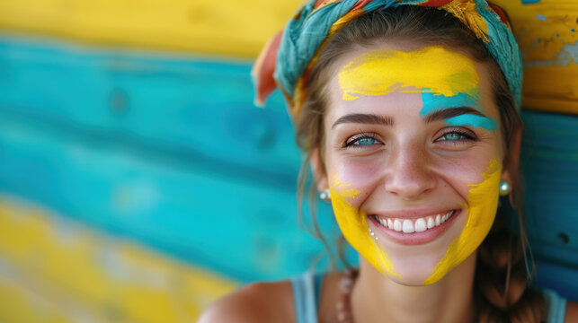 A happy Ukrainian woman with a face painted in the colors of the Ukrainian flag, yellow and blue