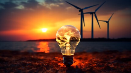 This image encapsulates the concept of a green future, where a lightbulb not only lights up a home but sustains an entire ecosystem with the help of wind power.
