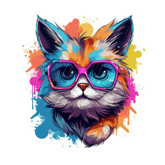 cute kawaii cat with glasses tshirt art, ready to print colorful graffiti illustration