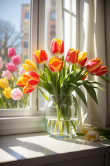 Bouquet of spring flowers in a vase on a light background