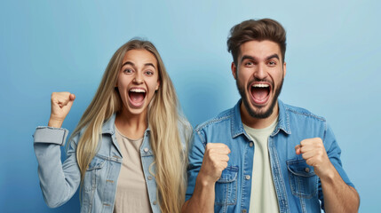 man and a woman are both cheering excitedly with their fists raised, wearing denim jackets, against a blue background