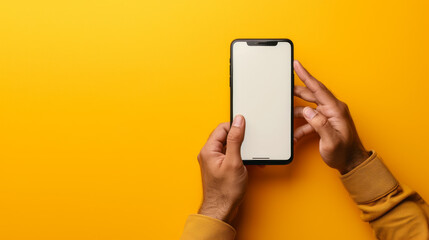 Fototapeta na wymiar A hand is holding a smartphone with a blank screen against a vibrant yellow background, tapping the screen with one finger.