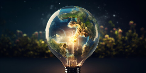 Green World Map On The Light Bulb With Green Background, Renewable Energy Environmental Protection, Renewable, Sustainable Energy Sources.