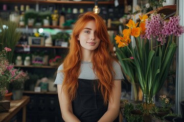 A redheaded woman stands gracefully in a flower shop, surrounded by vibrant blooms and lush houseplants as she admires a vase on a shelf