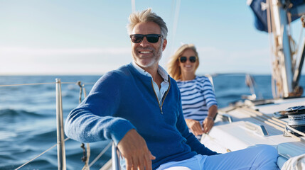 A smiling couple in casual attire and sunglasses enjoying a relaxing day on a yacht with a clear blue ocean in the background.