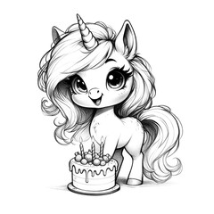 Unicorn girl with a birthday cake sketch illustration