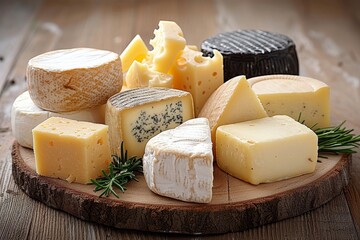 A diverse and tantalizing array of artisanal cheeses from around the world, including tangy provolone, pungent limburger, savory parmigianoreggiano, rich toma, sharp cheddar, bold romano, and creamy 