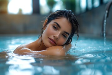 A young woman gazes serenely at her reflection in the calm waters of an indoor swimming pool, her face illuminated by the soft light as she indulges in a peaceful moment of self-care