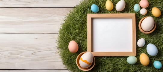 Blank photo frame surrounded by colorful easter eggs decorated on grass, happy easter greeting...