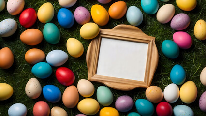 Blank photo frame surrounded by colorful easter eggs decorated on grass, happy easter greeting concept, generative AI