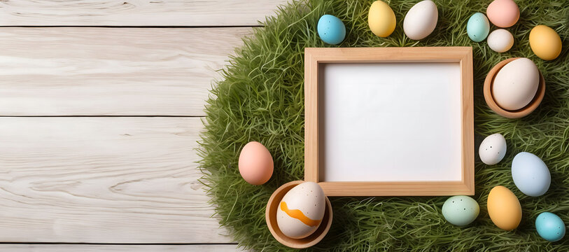 Blank photo frame surrounded by colorful easter eggs decorated on grass, happy easter greeting concept with copy space, generative AI