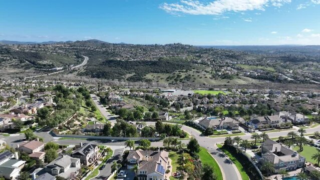 Aerial view of large-scale villa in wealthy residential town of Carlsbad, South California, USA. High quality 4k footage