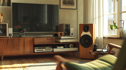 A stunning luxury vinyl record player sits at the center of a perfectly curated living room, showcasing its vintage design and delivering exceptional sound quality. Immerse yourself in the n