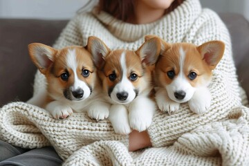 Snuggled in a person's embrace, a lively litter of welsh corgi puppies brings joy and warmth to their indoor world