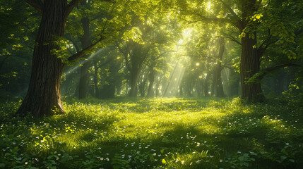 A verdant forest glade with sunlight filtering through the canopy, where nymphs and fauns frolic in the dappled shadows. - obrazy, fototapety, plakaty