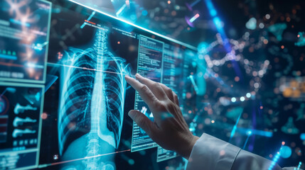 person is interacting with a futuristic medical interface displaying holographic images of human anatomy and various medical data