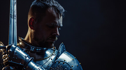 A gallant medieval knight reenactor, in his late 30s, exudes an air of noble bravery. Donned in gleaming full armor, complete with a shining helmet, he stands tall and proud, embodying the e - obrazy, fototapety, plakaty