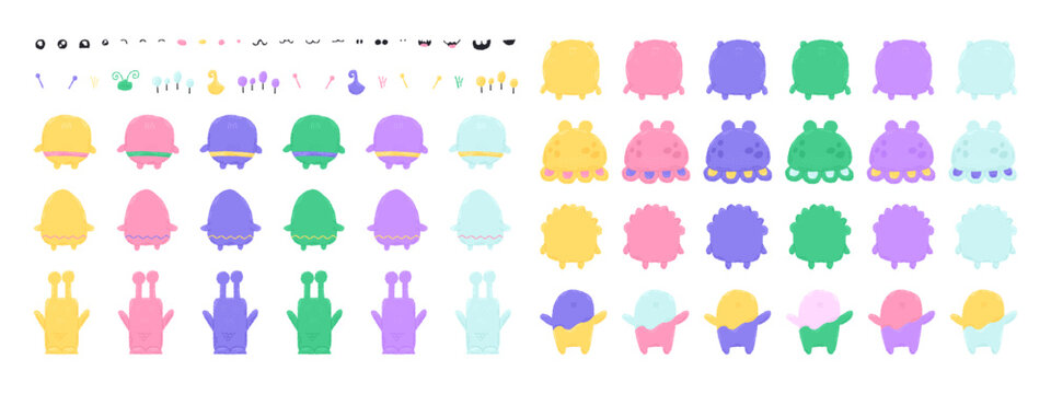 Character builder illustration of cute space monsters. Vector creator. Hand drawn flat cartoon elements
