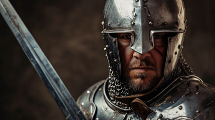 A gallant medieval knight reenactor in his late 30s, donning a suit of armor, exudes an aura of chivalrous valor. His noble appearance and unwavering determination bring history to life. - obrazy, fototapety, plakaty