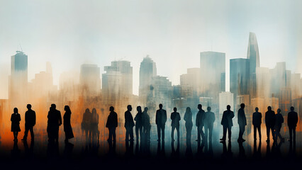 Crowd of people walking on wide city street with sunset at the background., City life, social issues concept