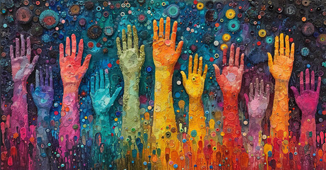 Many hands are tased up. Artistic painting of many hands,  rainbow colours. Togetherness, diversity concept
  - obrazy, fototapety, plakaty