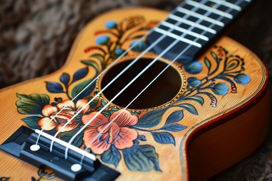 A ukulele adorned with floral patterns