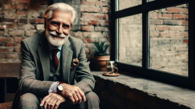 Warm and inviting image of a charming senior man with a white beard, smiling and seated in a rustic cafe with a vintage feel.
