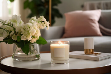 Fototapeta na wymiar Aromatic burning candle stands on round table next to flowers in vase in room. Aromatherapy, spa, coziness and comfort, rest and relaxation