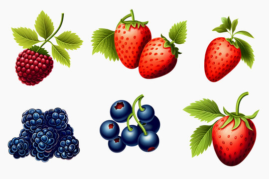 Separate stickers of strawberries, blueberries and blackberries on white background. Ready solutions for your design