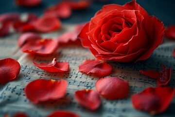 Red Rose on Top of Sheet Music.  